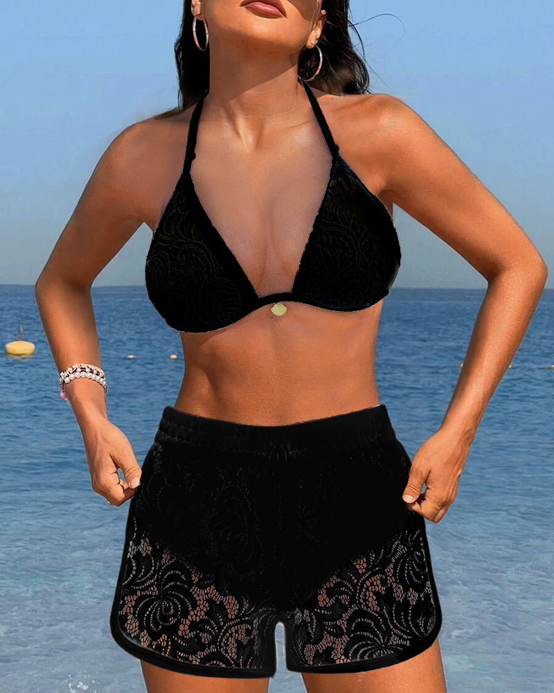 LAURETTE | Ensemble de bikini en dentelle unie élégant