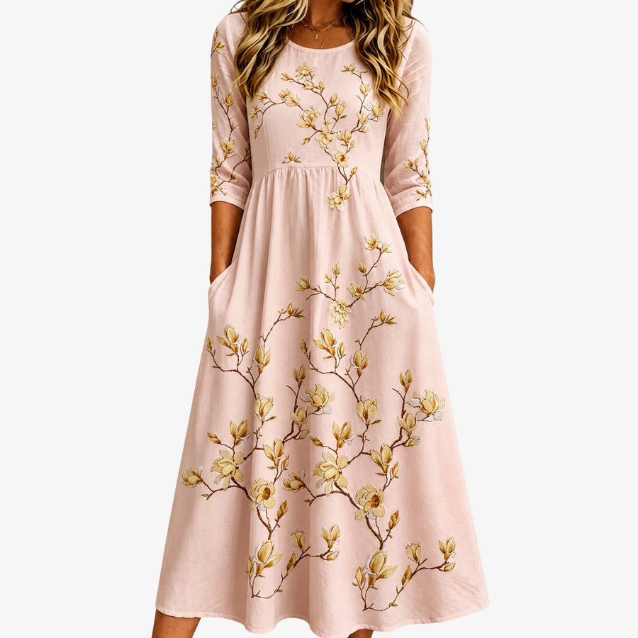 Robe Midi à Poches Éclosion de Magnolia Doré