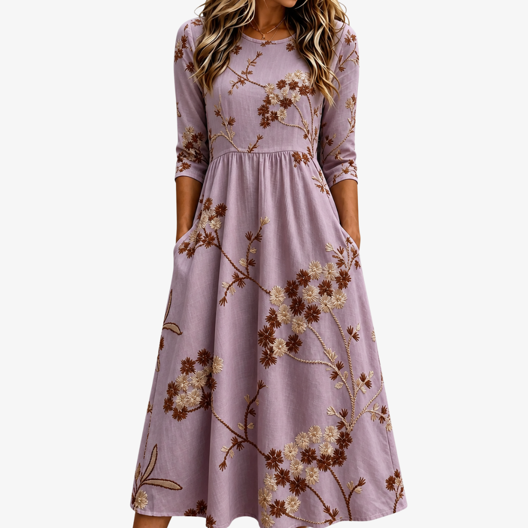 Robe Midi à Poches Fleurie Prairie Bruyère