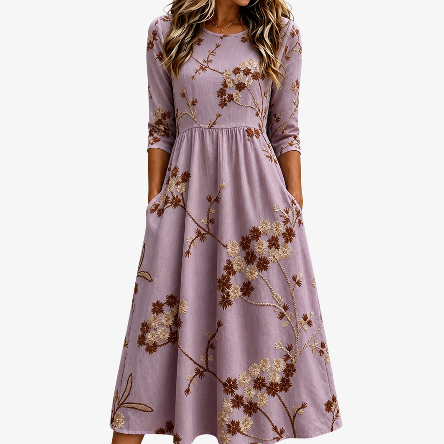 Robe Midi à Poches Fleurie Prairie Bruyère