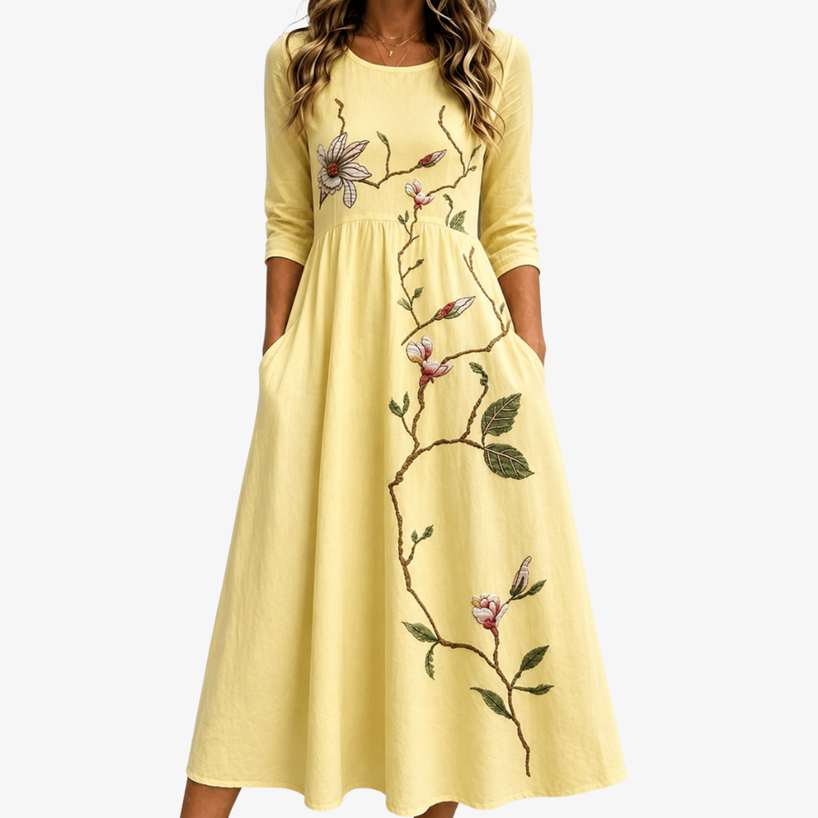 Robe Midi à Poches Fleurs Dorées