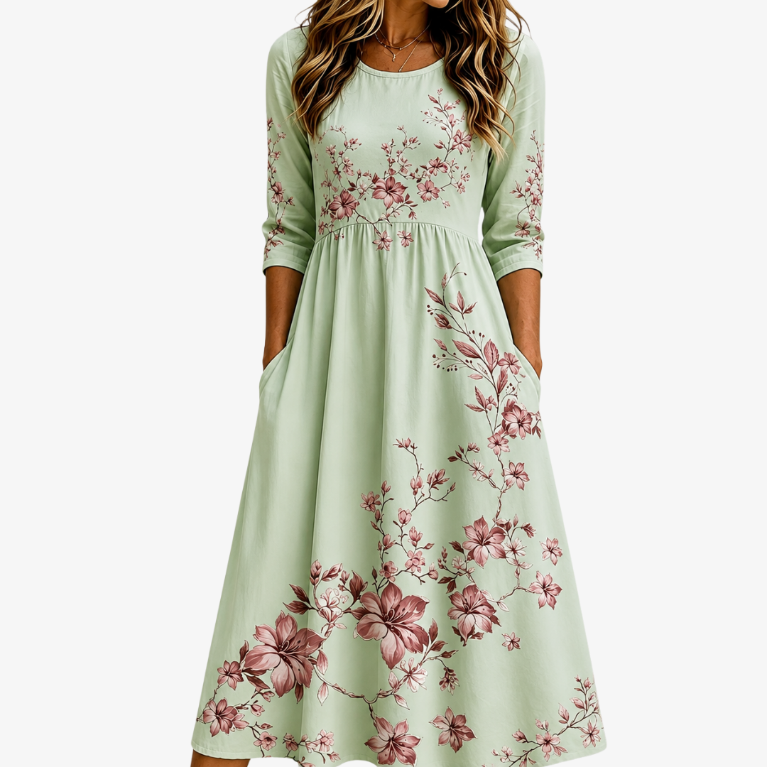 Robe Midi à Poches Grâce Fleurs Sauge