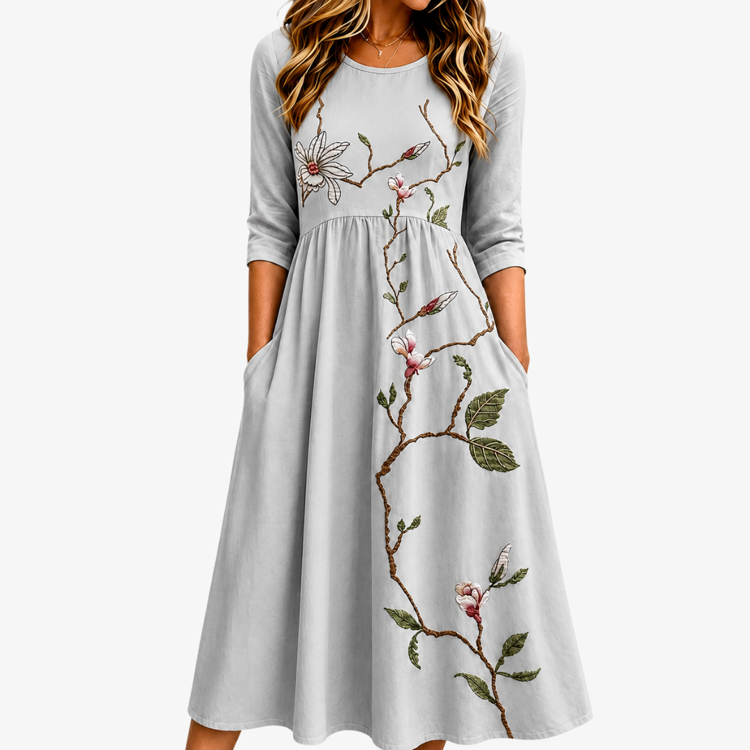 Robe Midi à Poches Fleurs Prairie Argentée