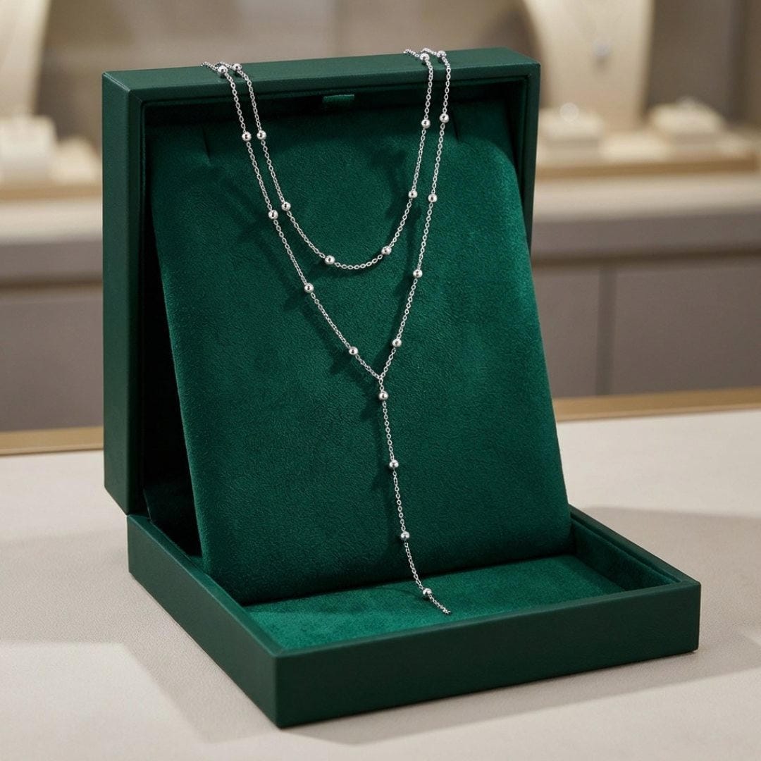 Collier à Perles Long avec Franges en Or à Double Couche