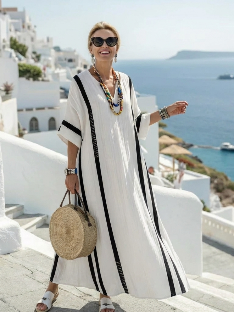 ELVIENNE™ | Robe Maxi à Manches Courtes en Color Block Rayé