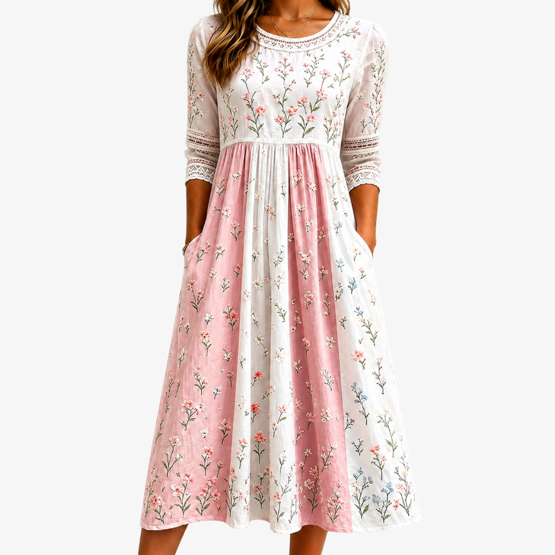 Robe Midi à Poches Patchwork Prairie Rose Poudré
