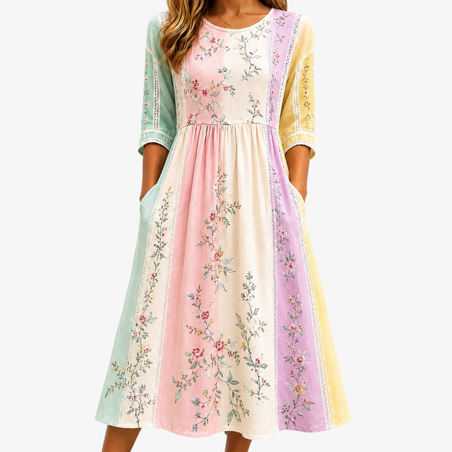 Robe Midi à Poches Empiècement Jardin Pastel