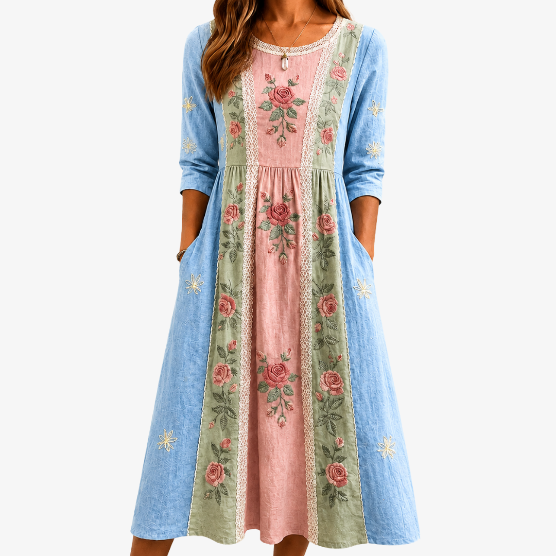 Robe à Poches Patchwork Vintage Jardin de Roses