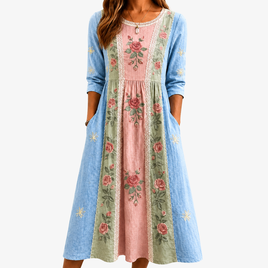 Robe à Poches Patchwork Vintage Jardin de Roses