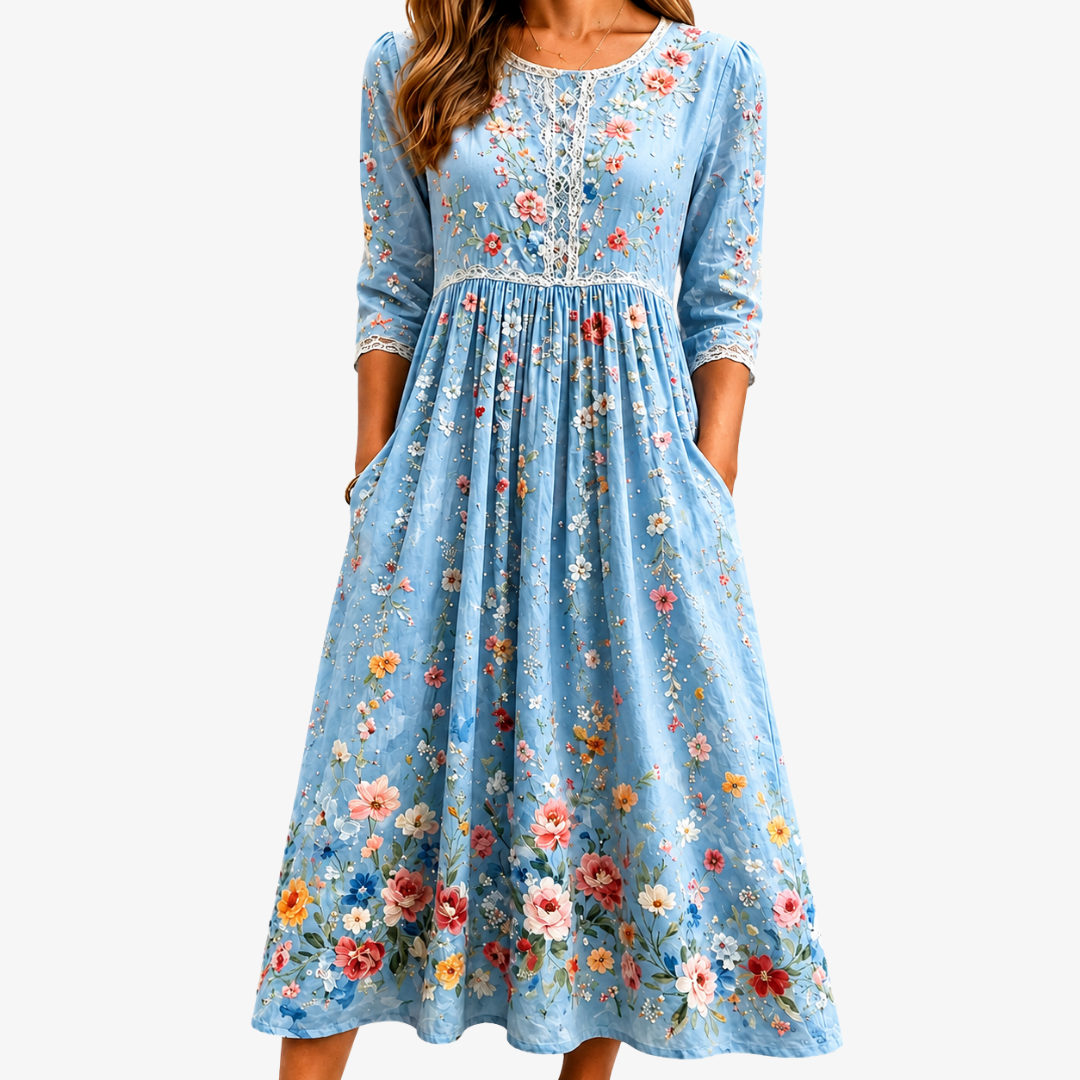Robe Midi Jardin de Fleurs Ciel
