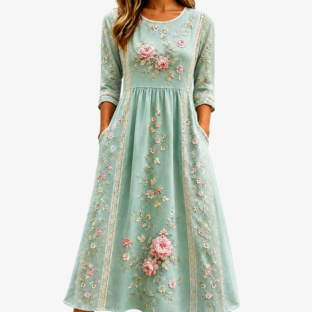 Robe Midi Grâce Jardin de Roses Rose Poudré