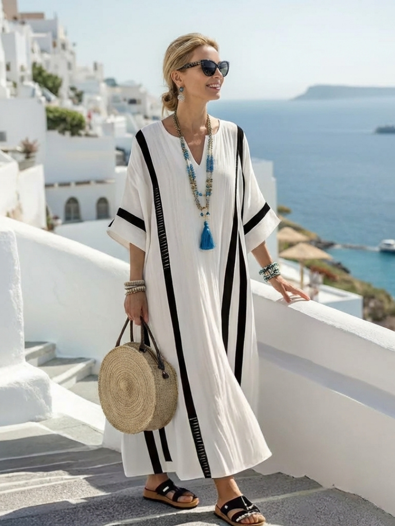 ELVIENNE™ | Robe Maxi à Manches Courtes en Color Block Rayé