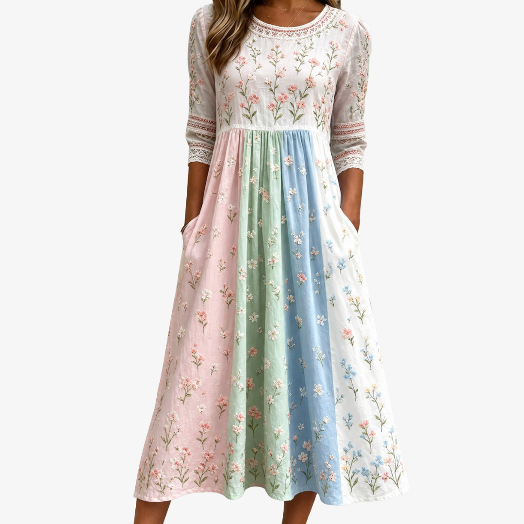 Robe Midi à Poches Fleurie Prairie Pastel