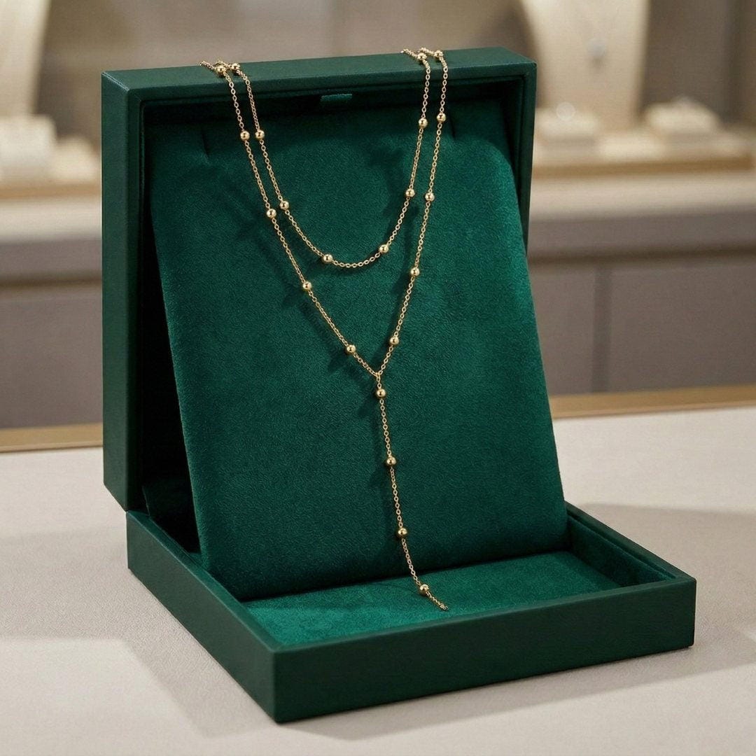 Collier à Perles Long avec Franges en Or à Double Couche