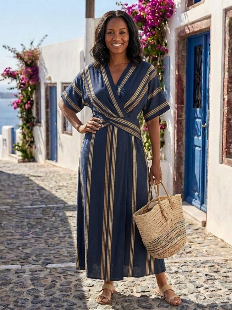 SAPHIRA™ | Robe midi à rayures à manches courtes et décolleté en V