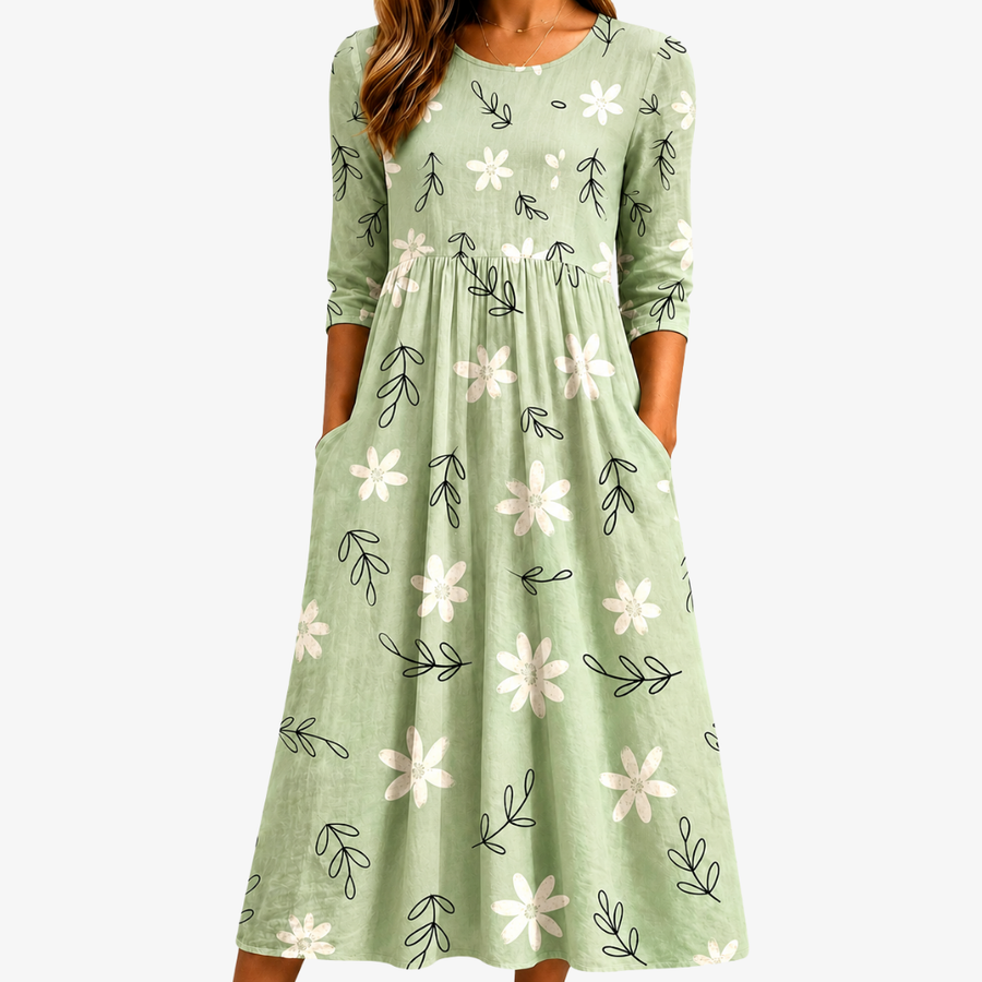 Robe Midi à Poches Quotidienne Fleurs Sauge