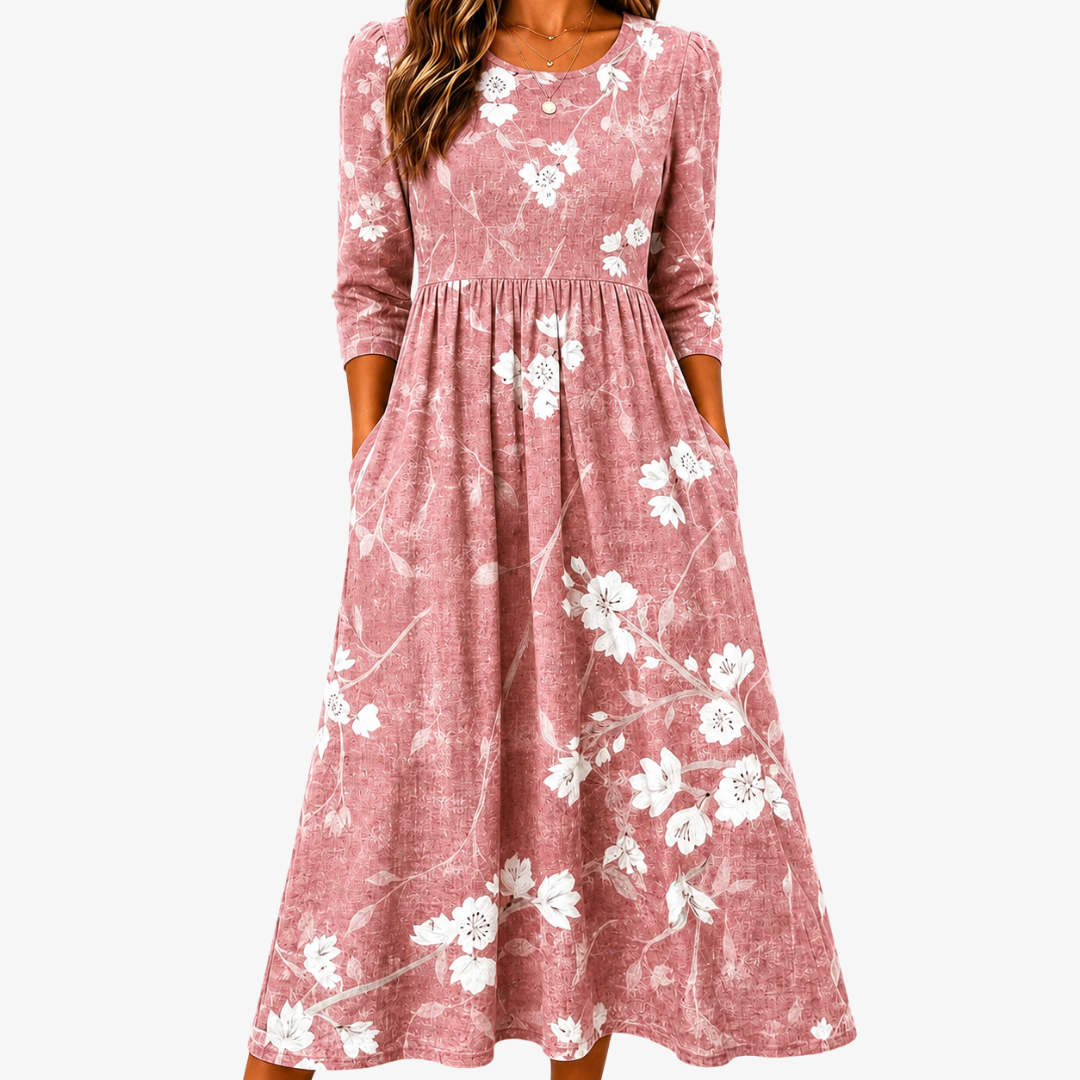 Robe Midi à Poches Grâce Éclosion Rose Poudré