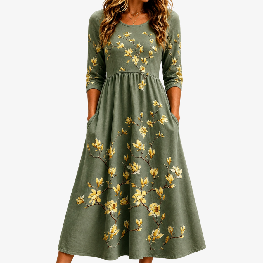Robe Midi à Poches Grâce Fleurs Sauge