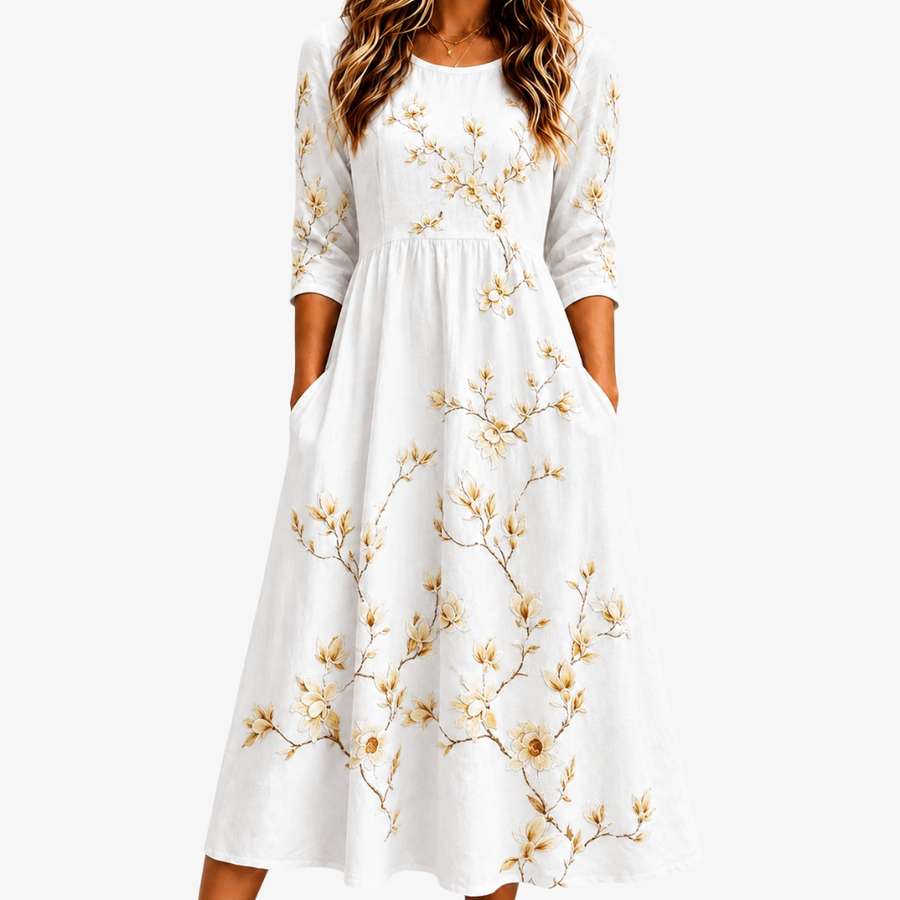 Robe Midi à Poches Grâce Fleurs Ivoire
