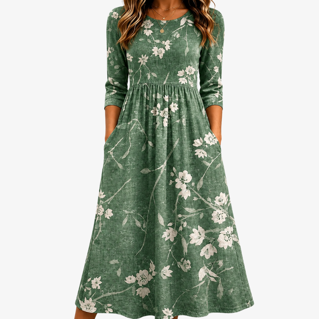 Robe Midi à Poches Décontractée Éclosion Vert Éternel