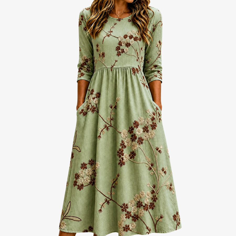 Robe Midi à Poches Fleurie Prairie Sauge