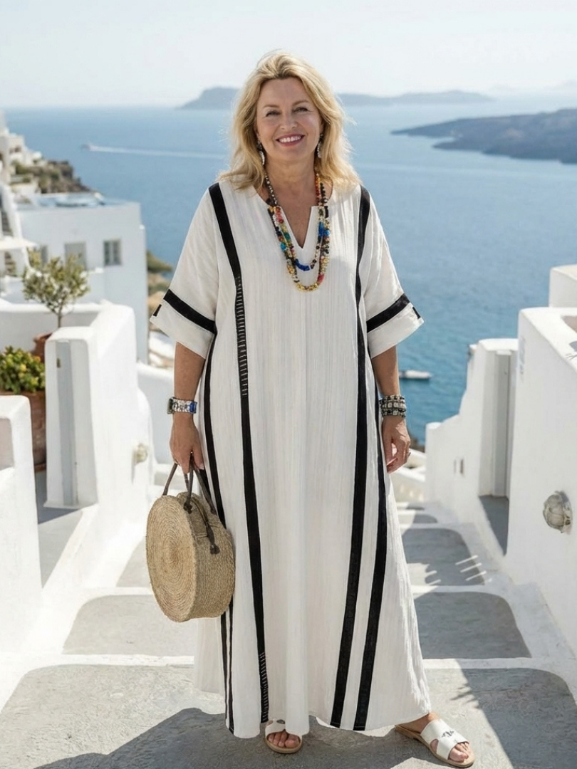 ELVIENNE™ | Robe Maxi à Manches Courtes en Color Block Rayé