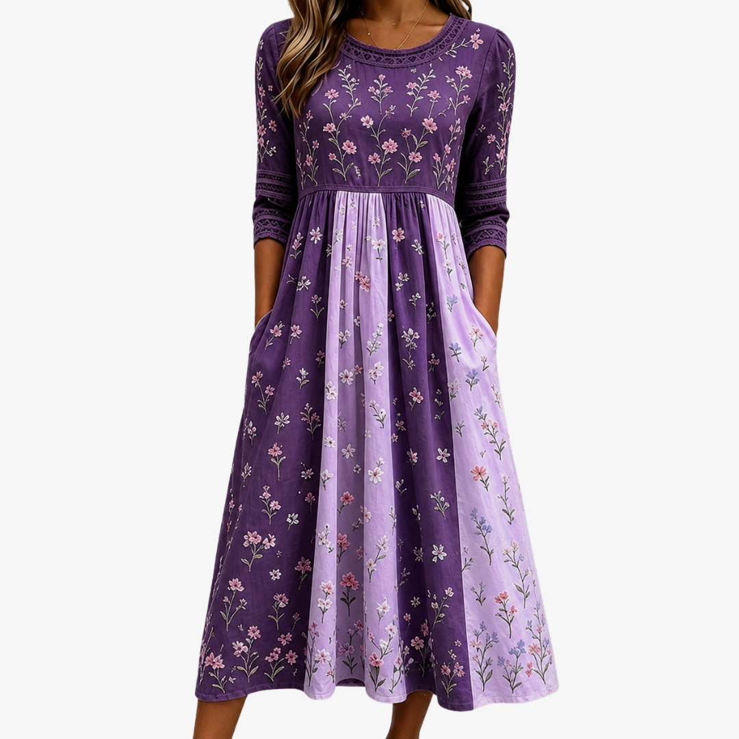 Robe Midi Empiècement Fleurs Sauvages Lavande