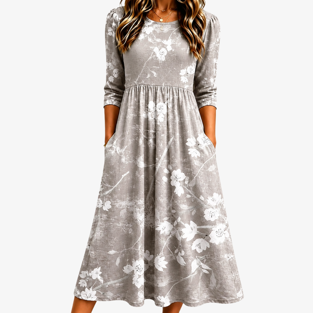 Robe Midi à Poches Grâce Fleurs Argentées