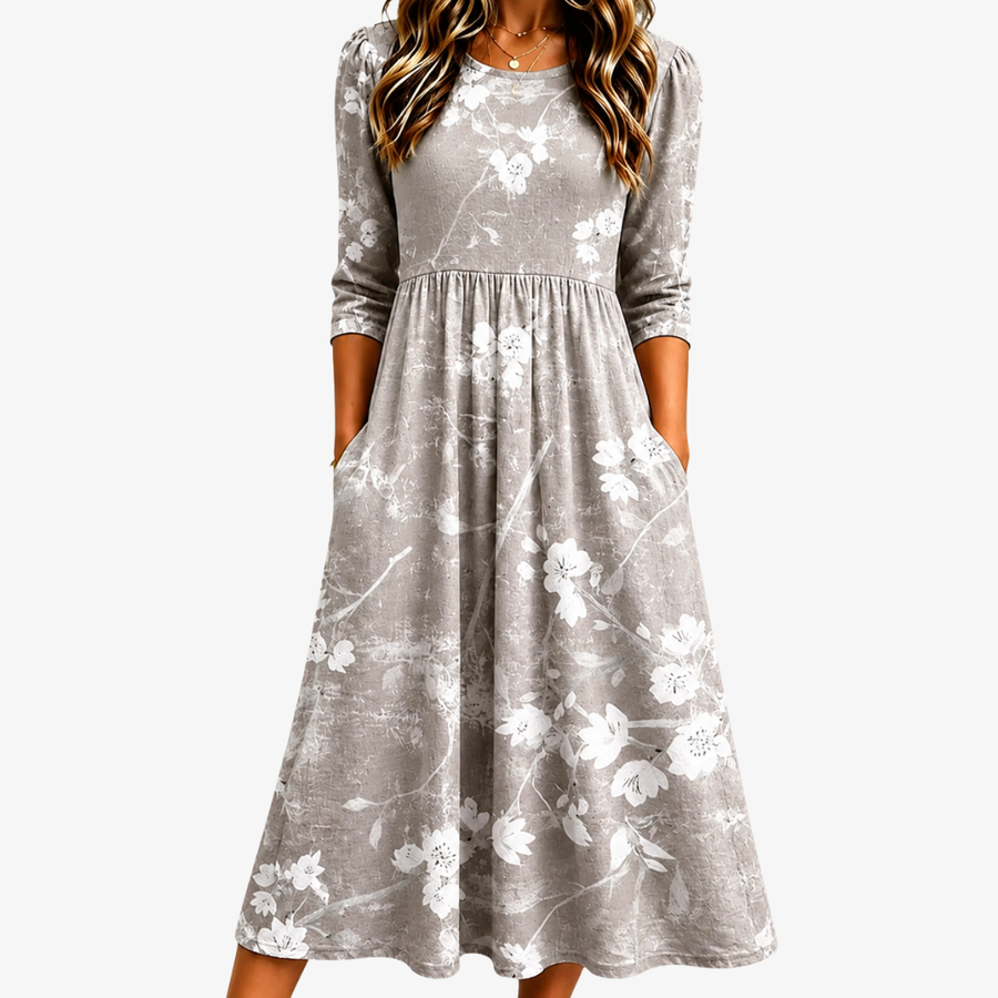Robe Midi à Poches Grâce Fleurs Argentées