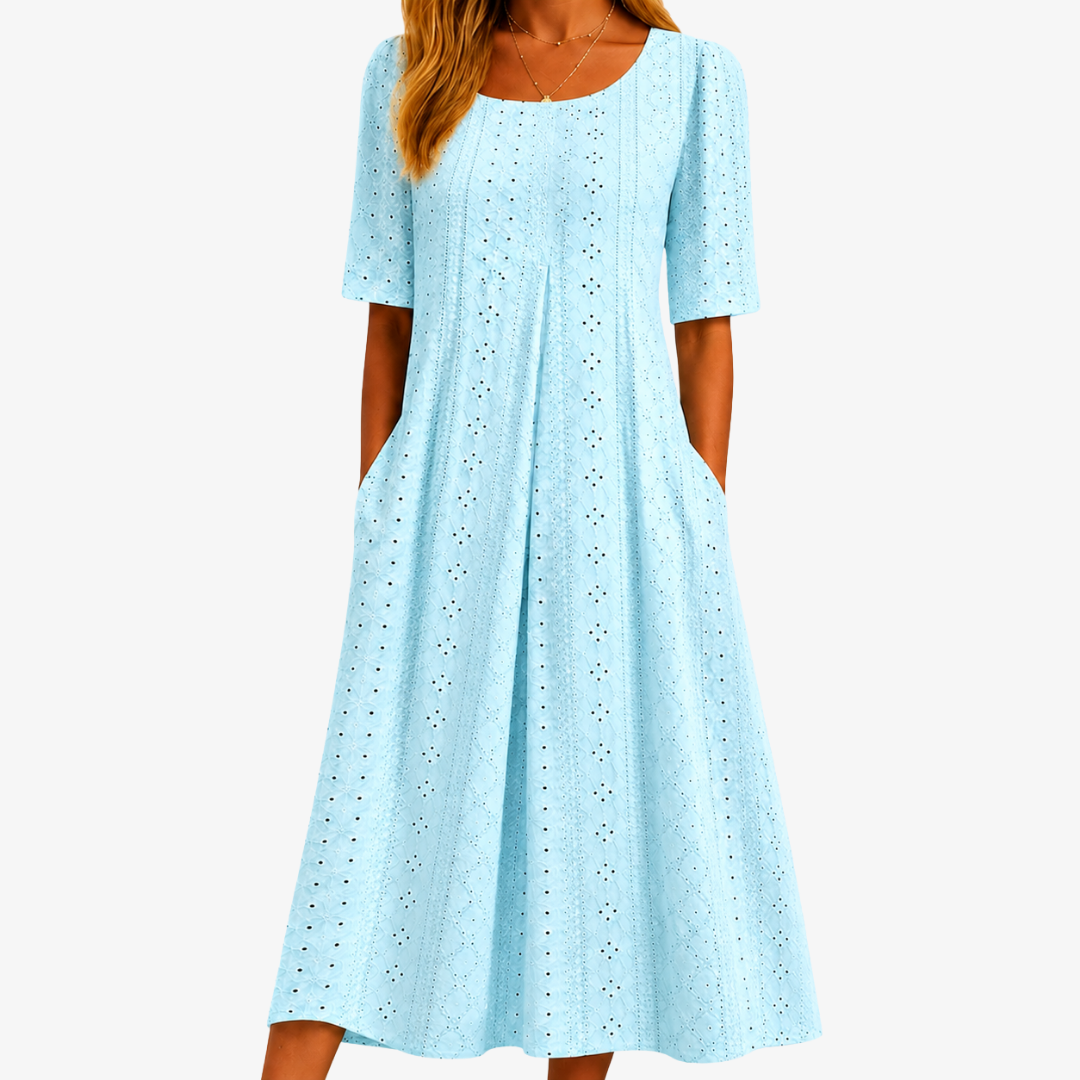 Robe Midi à Poches Broderie Anglaise Grâce Ciel Lumineux