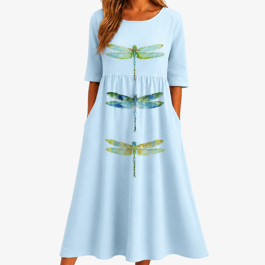 Robe Midi à Poches Libellules Prairie Ciel