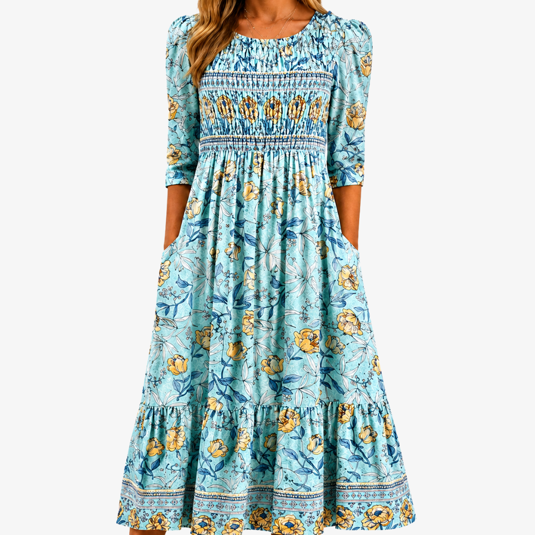 Robe Midi Smockée Jardin Éclosion Dorée