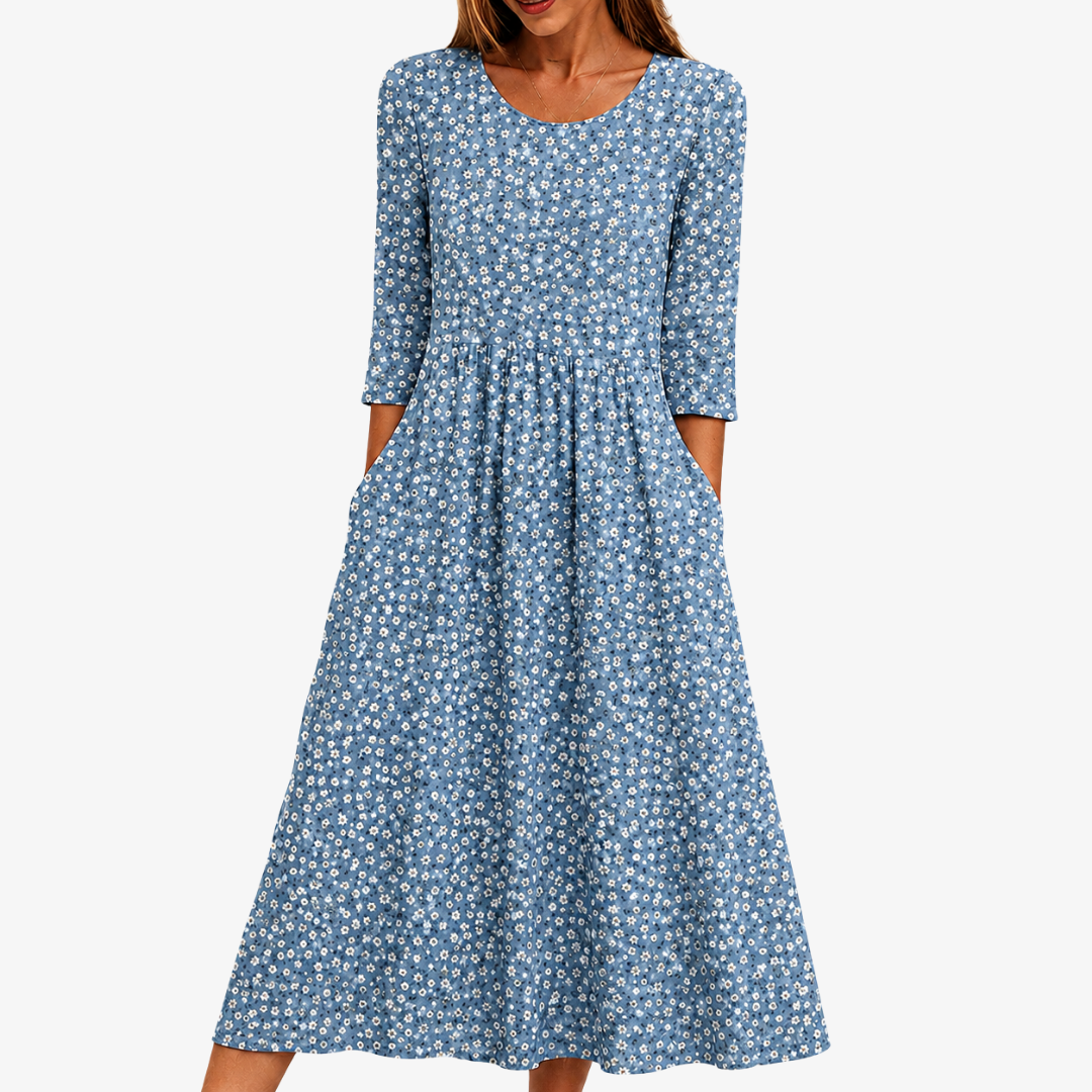 Robe Midi Fleurie Facile à Porter Prairie Bleue