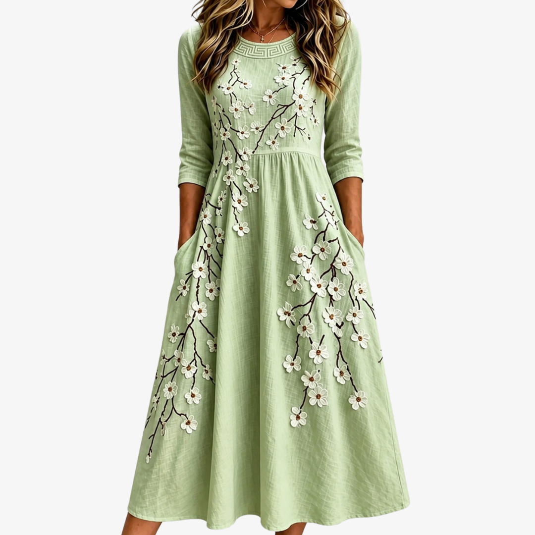 Robe Midi à Poches Jardin de Fleurs Sauge