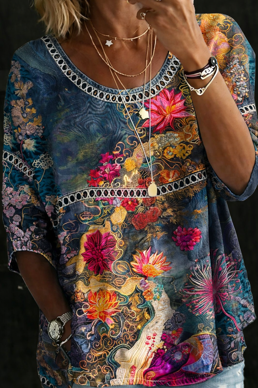 NICOLE | Blouse en Denim Vintage Bloemen