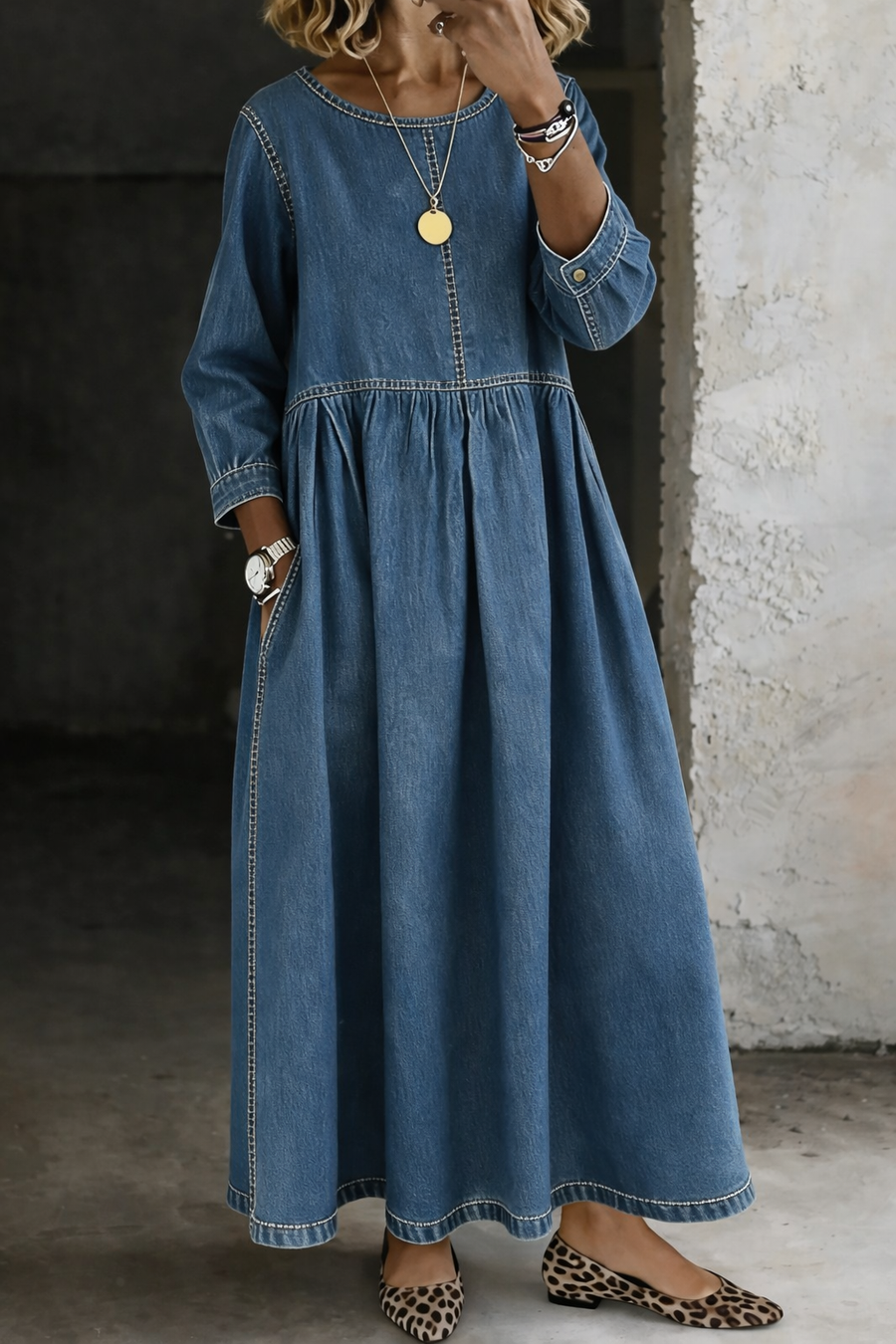 MELISSA | Robe en denim à manches longues et col rond