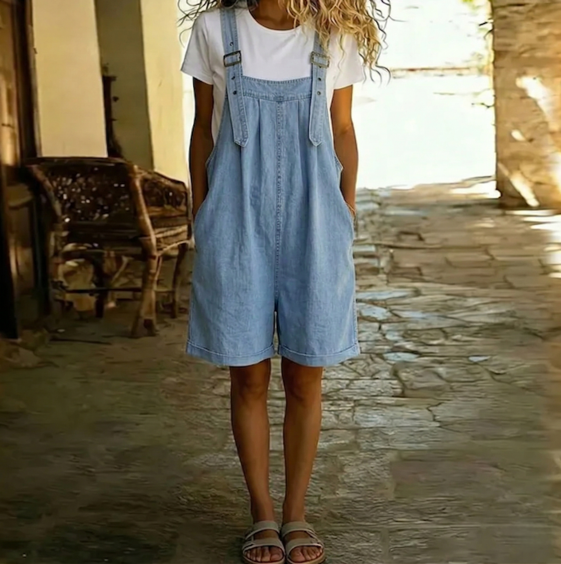 ISABEL | Combinaison en denim courte avec aspect coton doux et lavage vintage Bleu clair