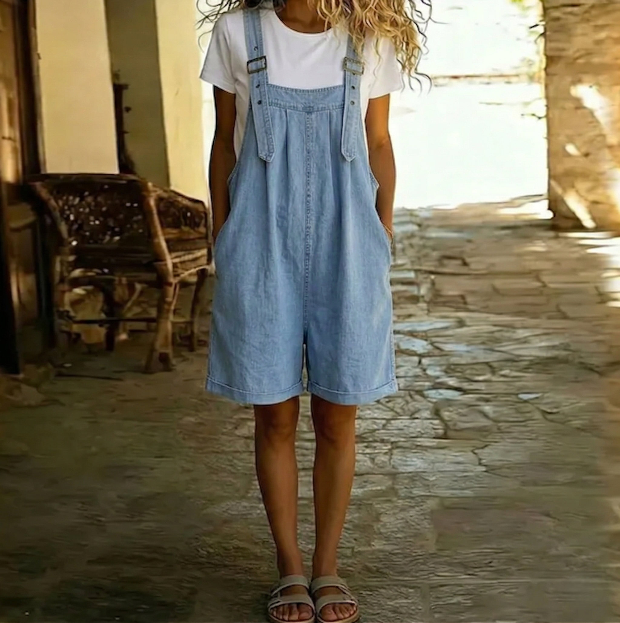 ISABEL | Combinaison en denim courte avec aspect coton doux et lavage vintage Bleu clair