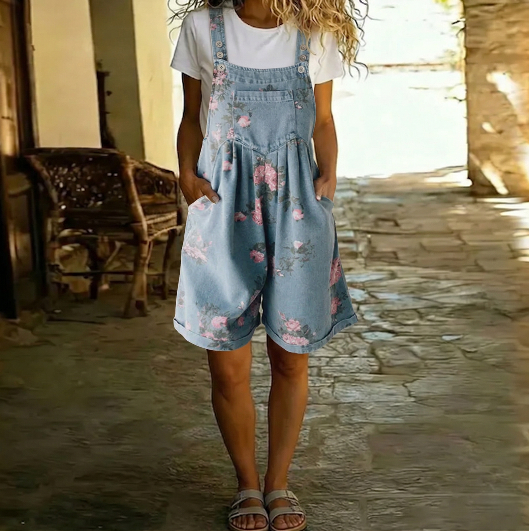 ADRIANA | Combinaison en denim à fleurs avec coton doux et lavage vintage