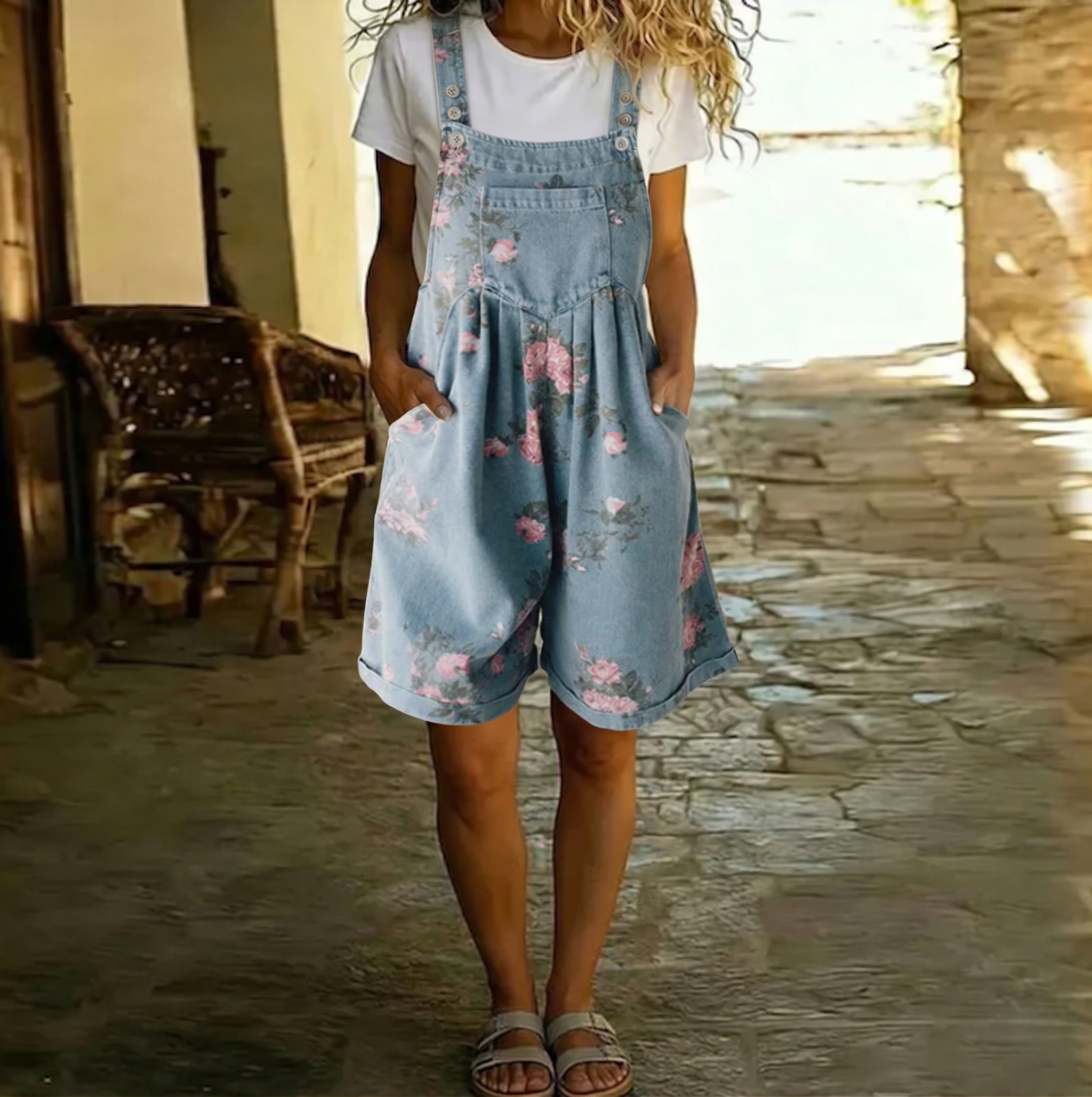 ADRIANA | Combinaison en denim à fleurs avec coton doux et lavage vintage