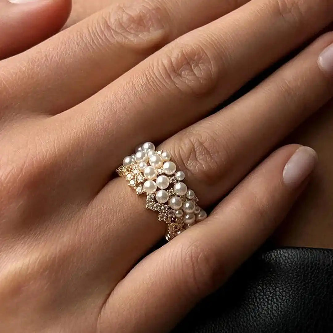 Bague Vintage Ajustable en Perle et Zirconia