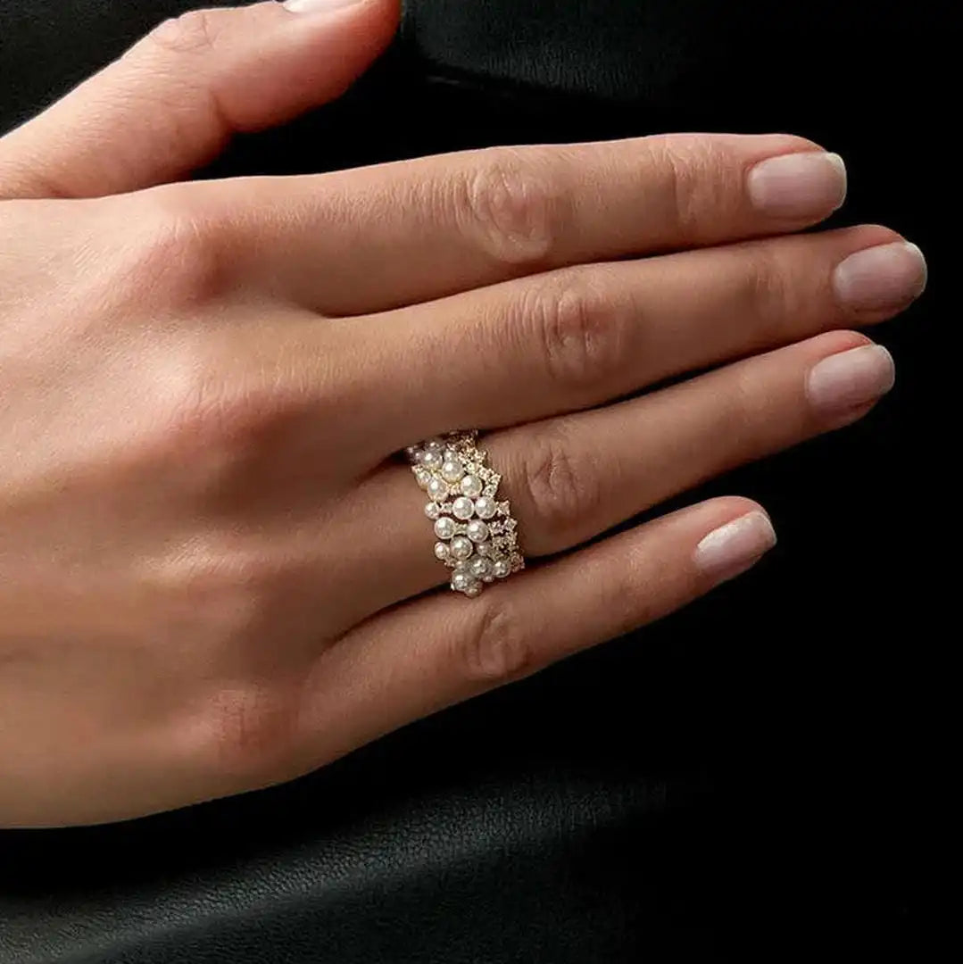 Bague Vintage Ajustable en Perle et Zirconia