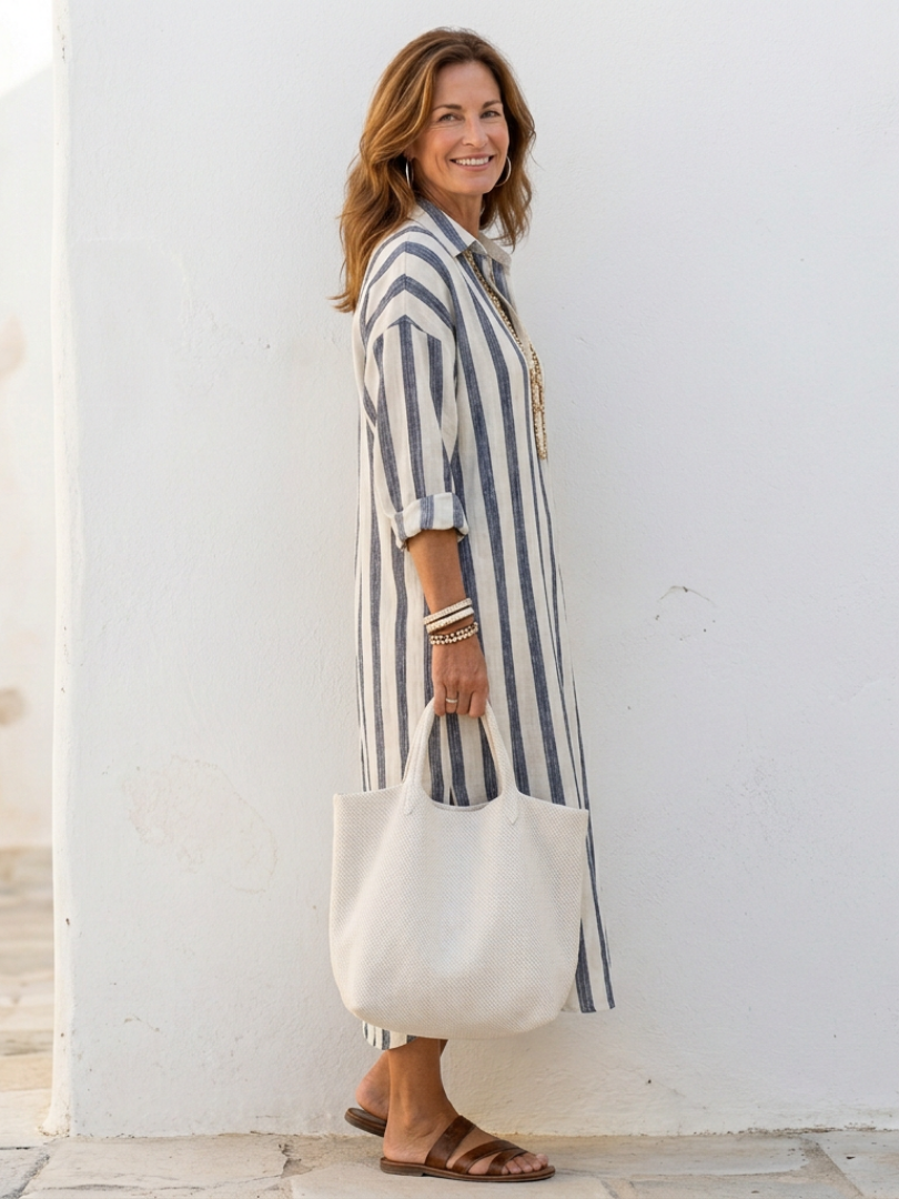 NAOMI™ | Robe chemise midi à manches longues rayée
