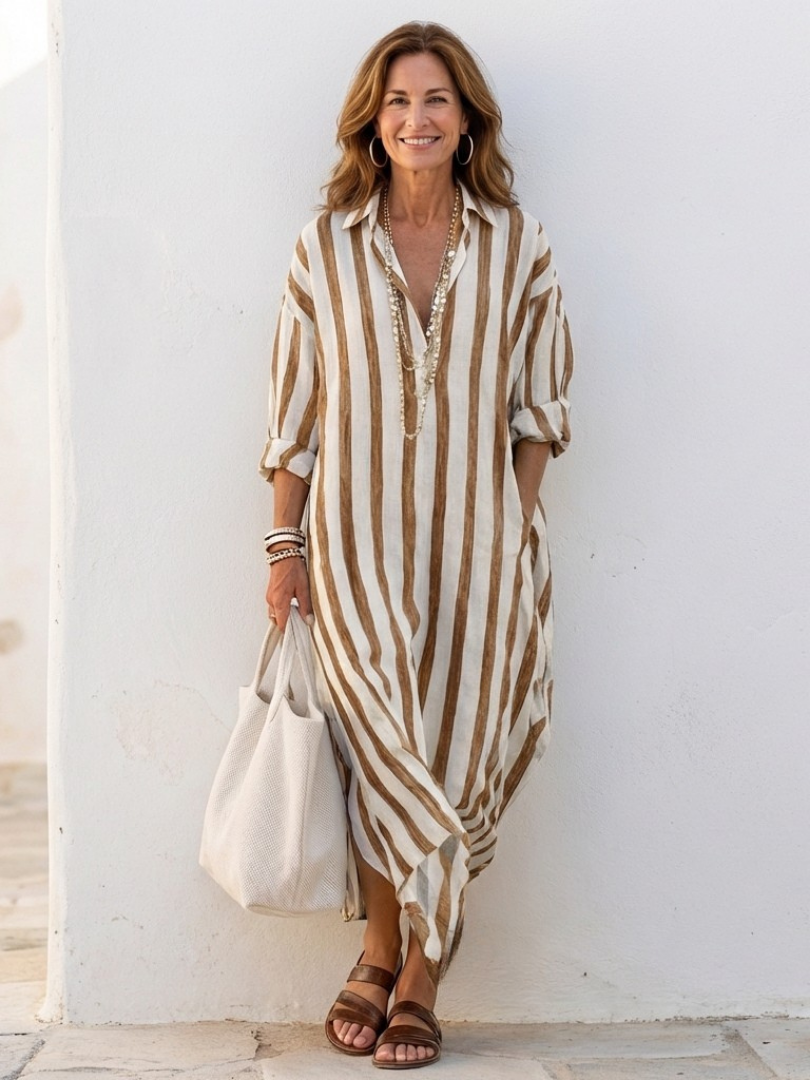 NAOMI™ | Robe chemise midi à manches longues rayée
