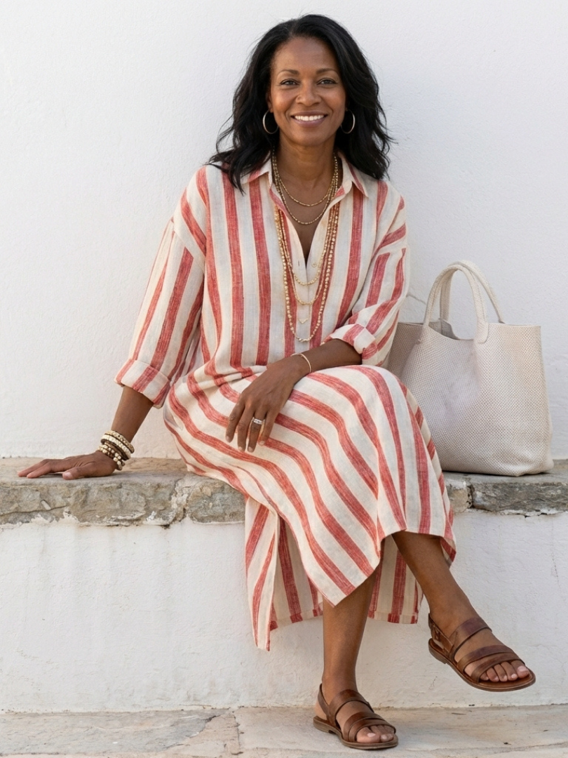 NAOMI™ | Robe chemise midi à manches longues rayée