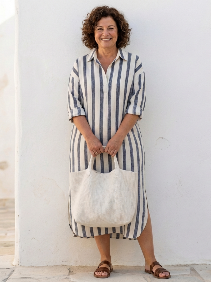 NAOMI™ | Robe chemise midi à manches longues rayée