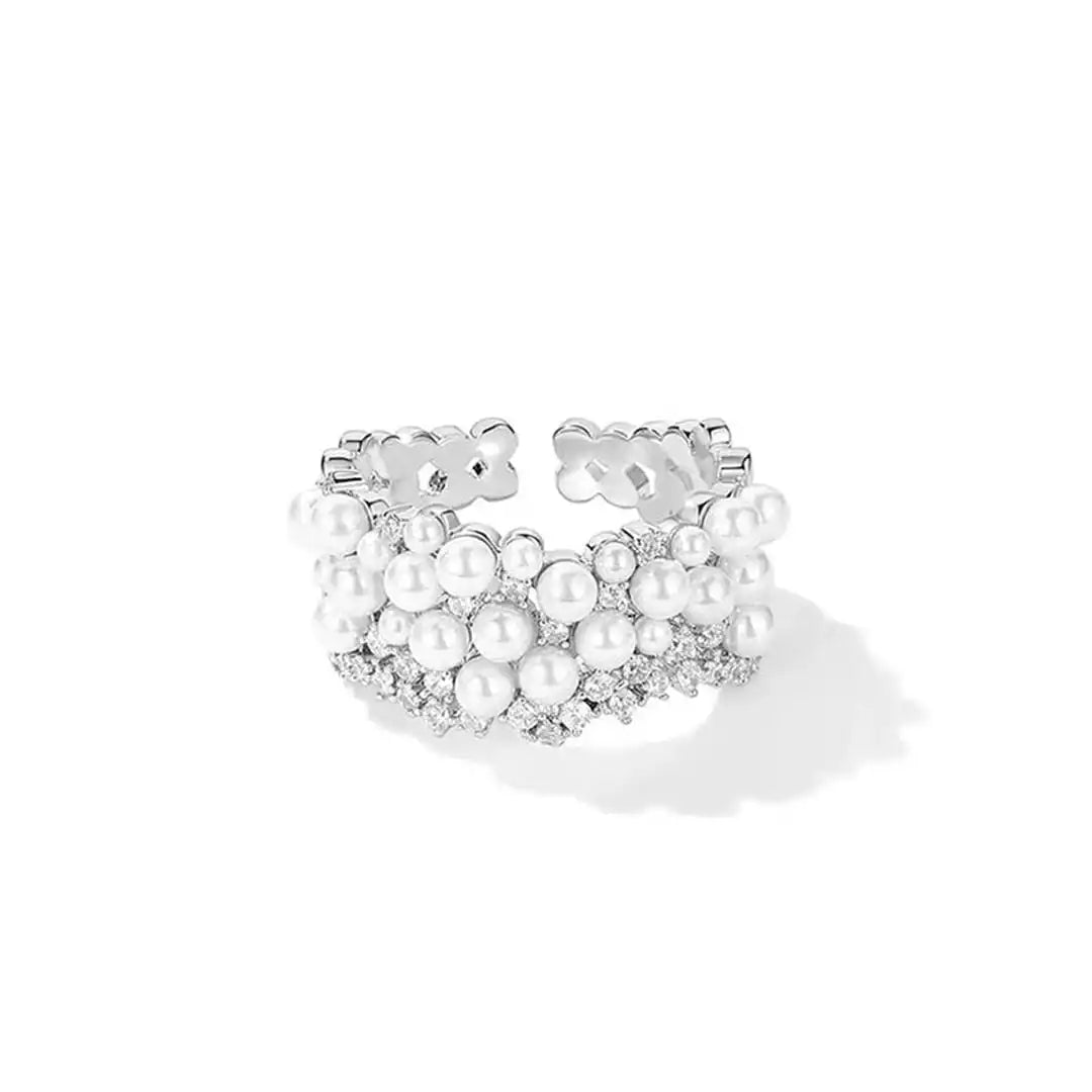 Bague Vintage Ajustable en Perle et Zirconia