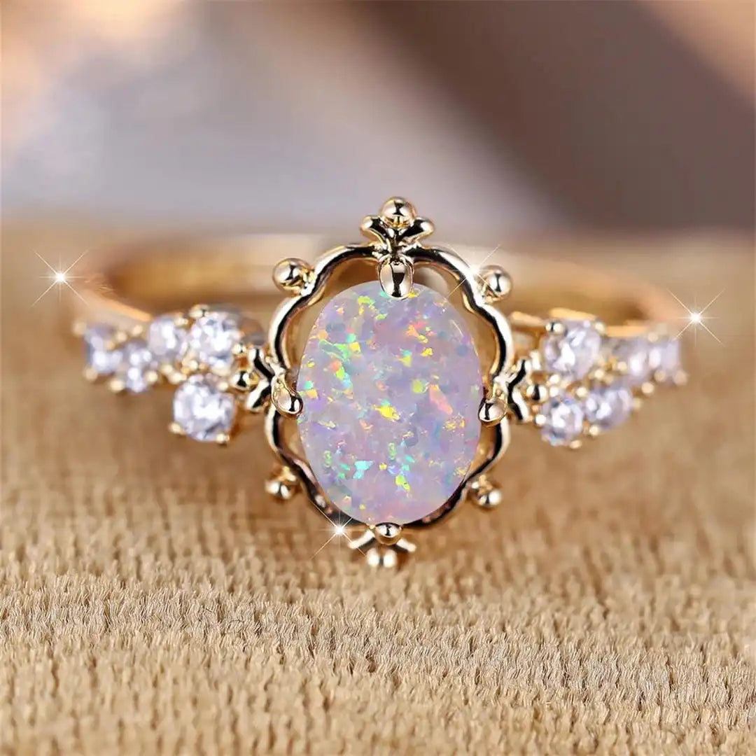 Bague Fleur en Opale de Feu Blanche en Pierre Ovale