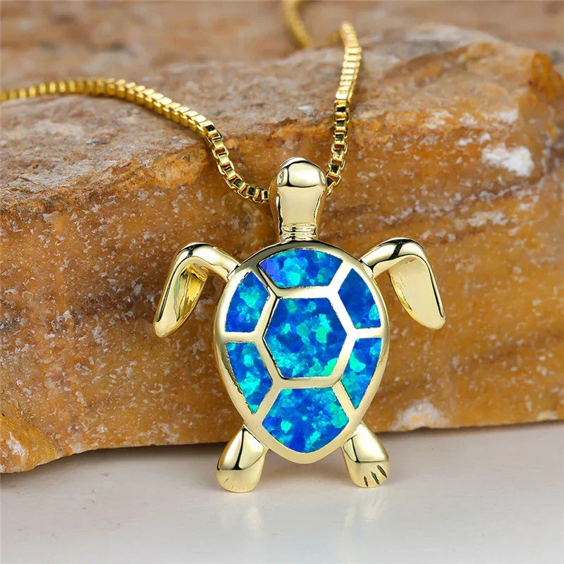 Pendentif Tortue en Opale de Feu Vert Vintage en Or