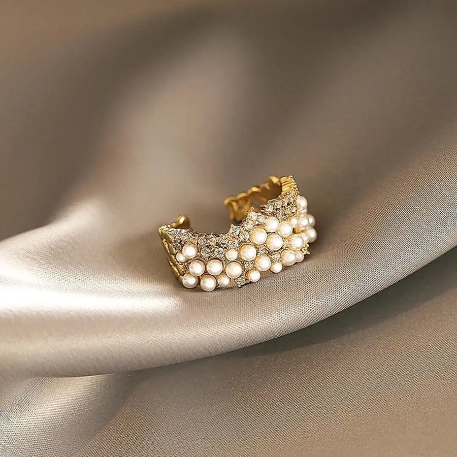 Bague Vintage Ajustable en Perle et Zirconia